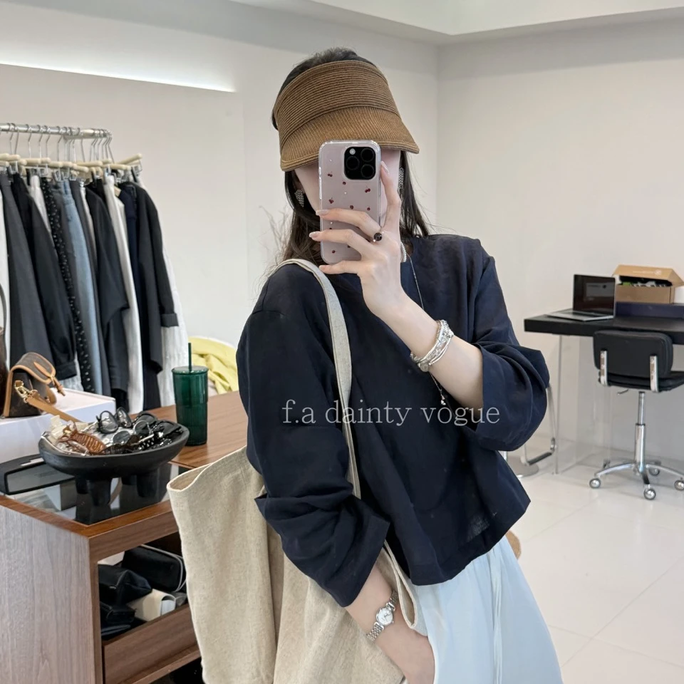 F.A[自由]上衣显瘦圆领纯色休闲落肩袖春季秋季衬衫长袖两面穿