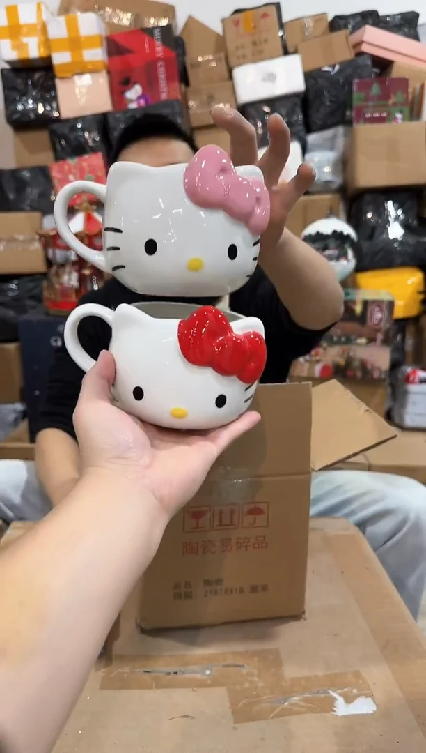瓷片大号红色加粉色kt猫头杯2件套
