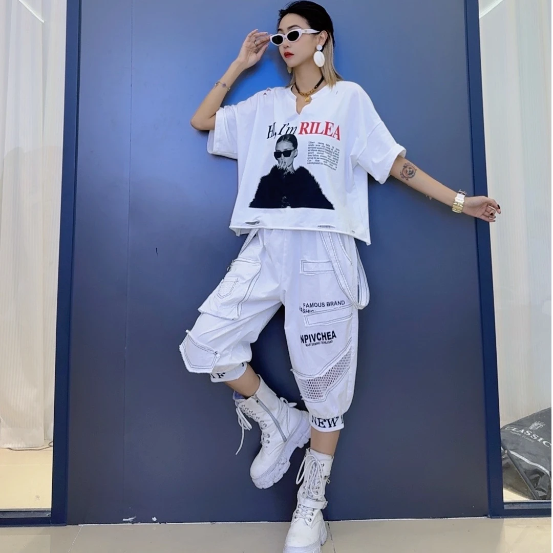 减龄百搭韩版字母印花休闲上衣-拼接网纱织带潮流毛边休闲裤子