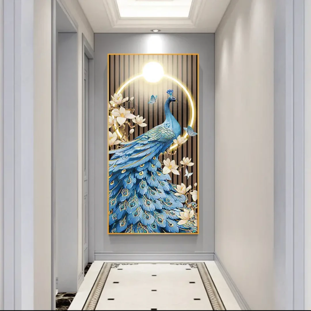 美临佳【辉煌孔雀】玄关装饰画现代过道走廊画竖版-晶瓷镶钻XG68