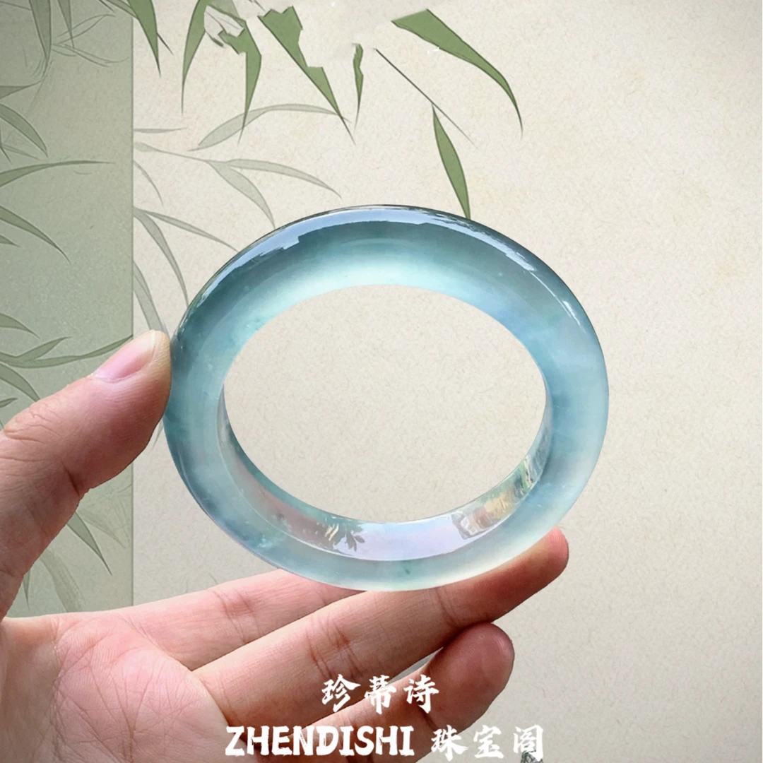 库里蓝高冰种玉髓玛瑙手镯马料正圈晴水蓝玉镯远山黛天然手镯女款