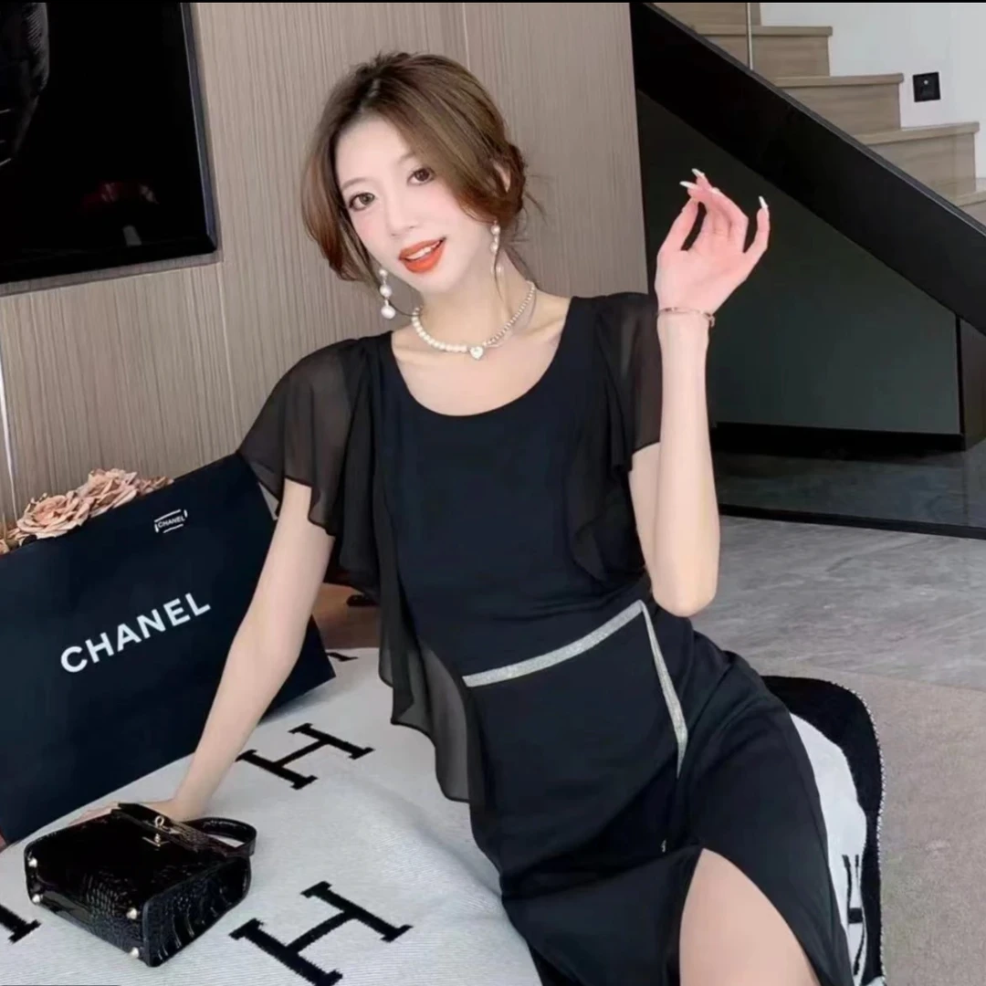 BQ1269-C宽松连衣裙公主百搭气质优雅显瘦时尚休闲夏季黑色开叉