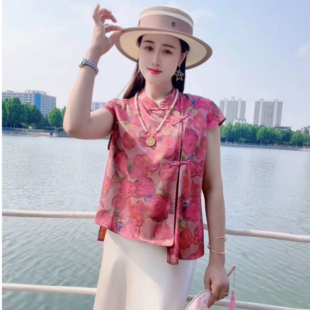 2025新中式国风盘扣夏季不规则短袖上衣气质中年女士复古提花小衫