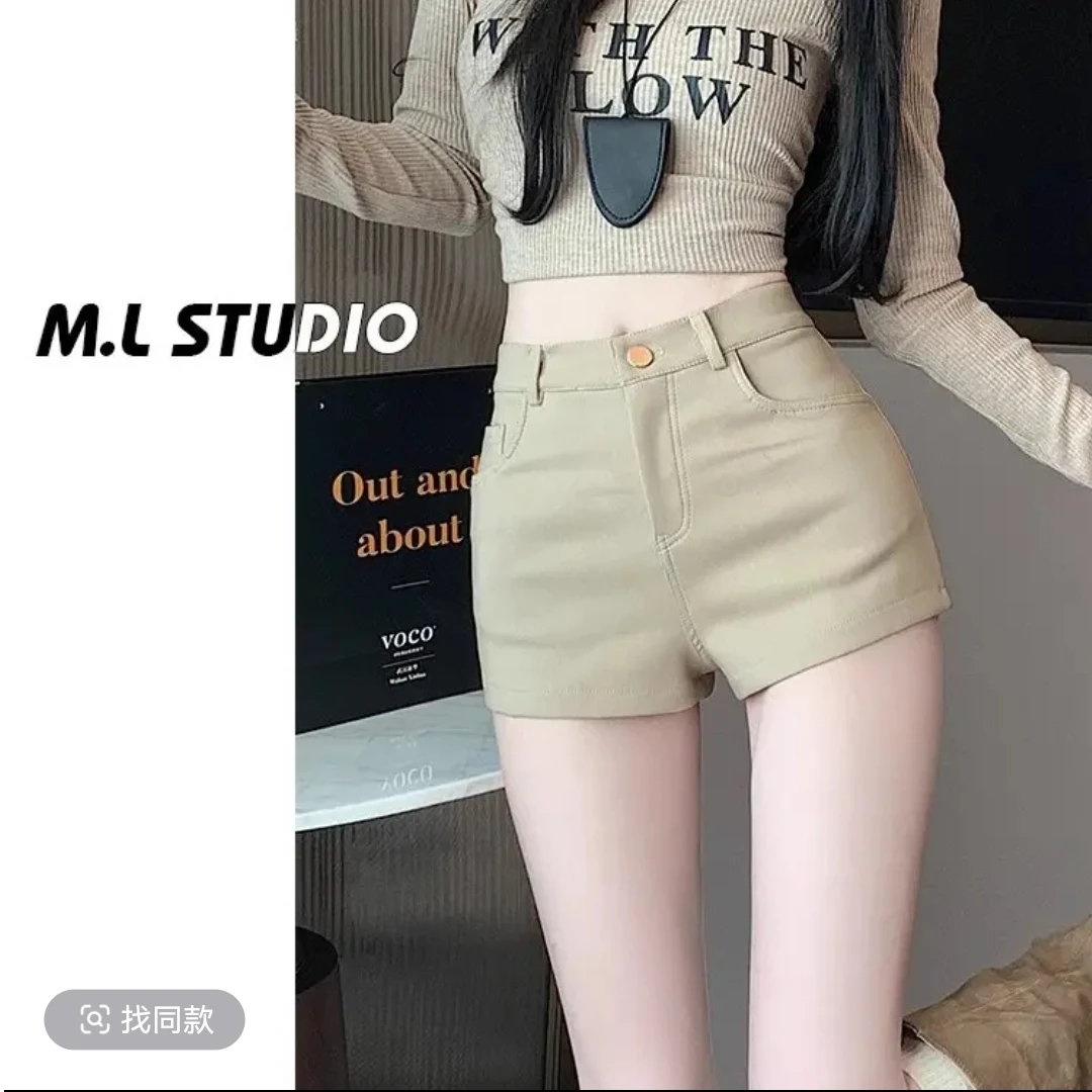 （现货）夏季高腰牛仔百搭夏季杏色A字牛仔无弹短裤短裤韩版