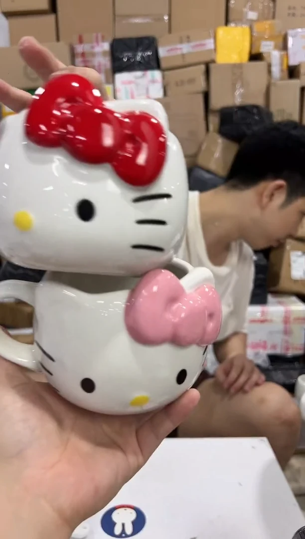 瓷片大号红色加粉色kt头杯2件套