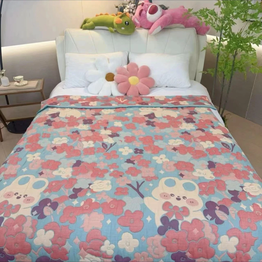 【京かわ会社】多层纱布盖毯150*200cm 花朵小兔