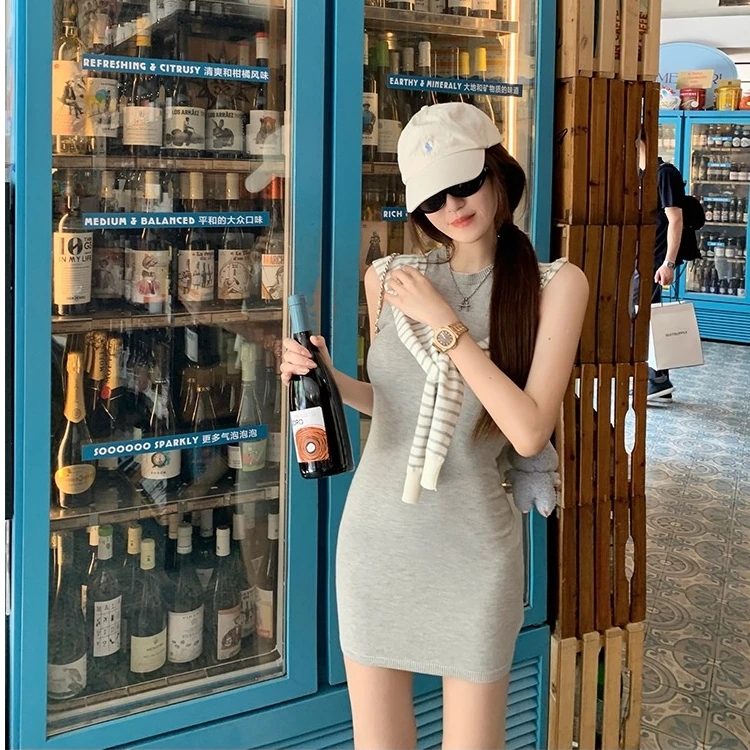 富家千金学院风休闲气质针织披肩收腰连衣裙夏季新款修身短裙子