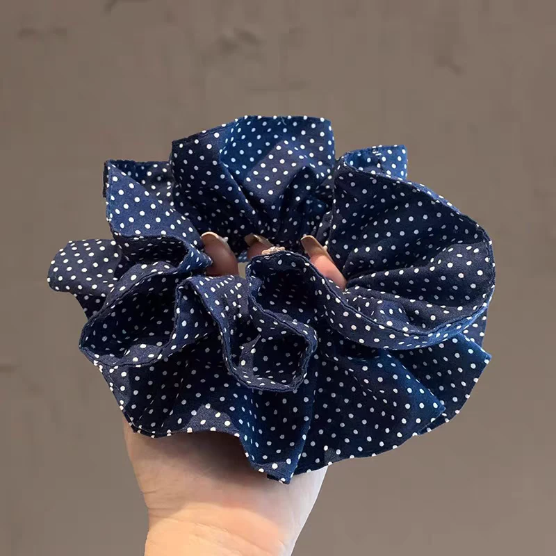 中古风藏蓝色波点小蛮腰发圈高级感韩系ins丸子头扎发美式复古风