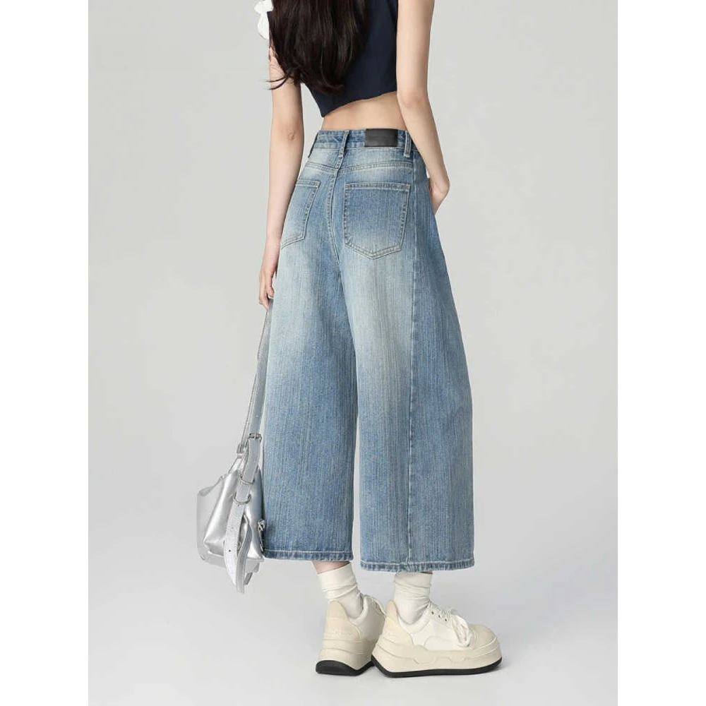 美式复古蓝七分阔腿牛仔裤女2025夏季新款高腰宽松百搭垂感直筒裤