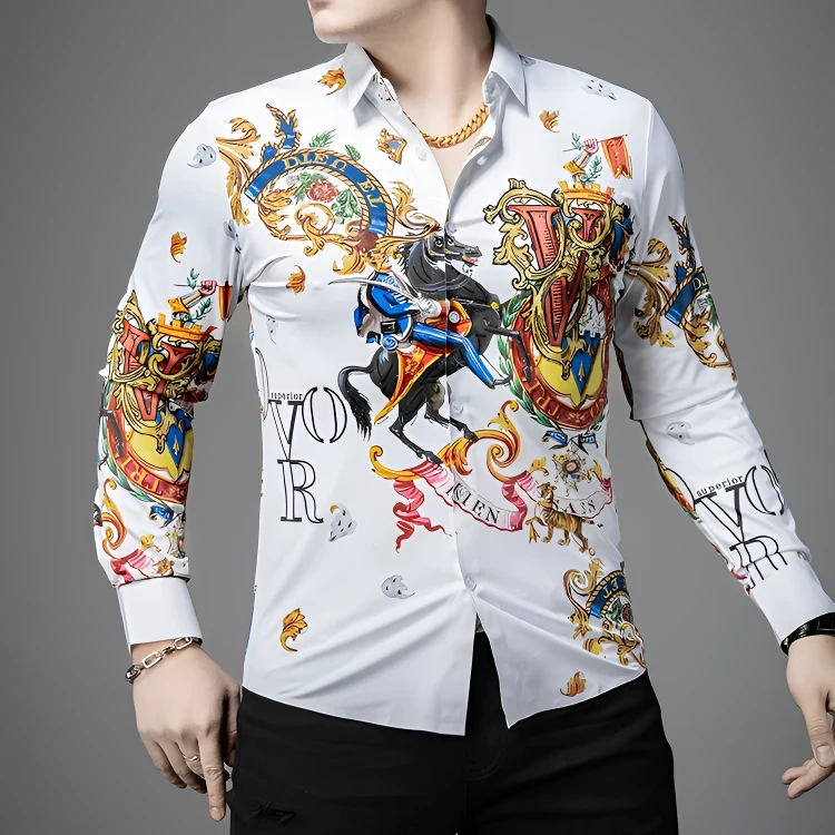男士2025春季新款轻奢高端长袖衬衫个性时尚印花烫钻弹力潮流衬衣