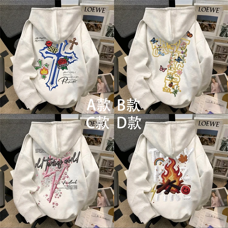 重磅500克纯棉仿刺绣印花工艺学生百搭秋冬季时尚vintage连帽卫衣