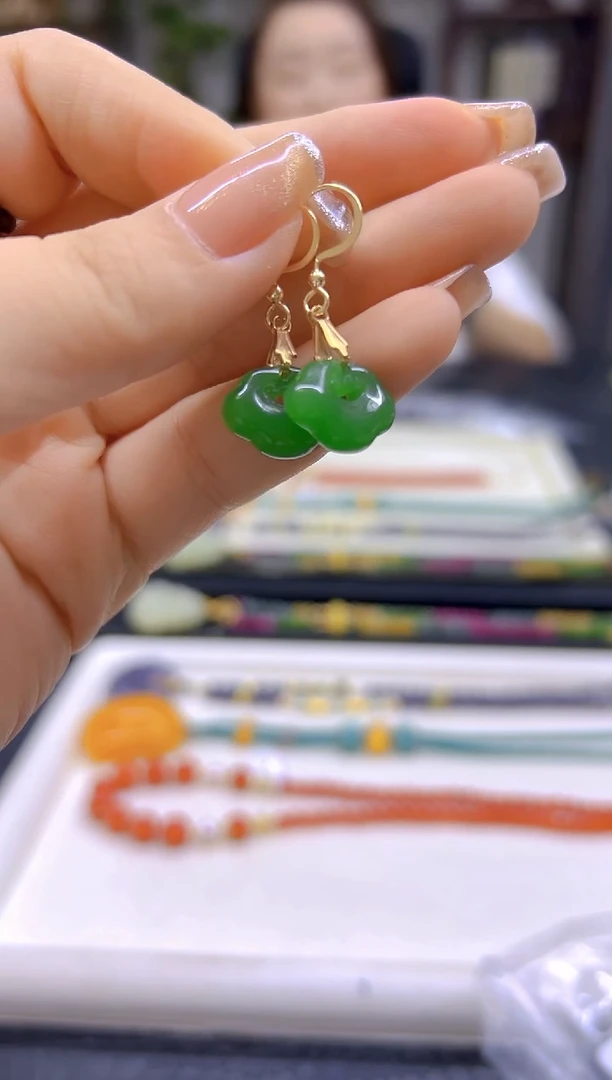 和田玉（碧玉）14K金镶嵌耳饰DIY款E859