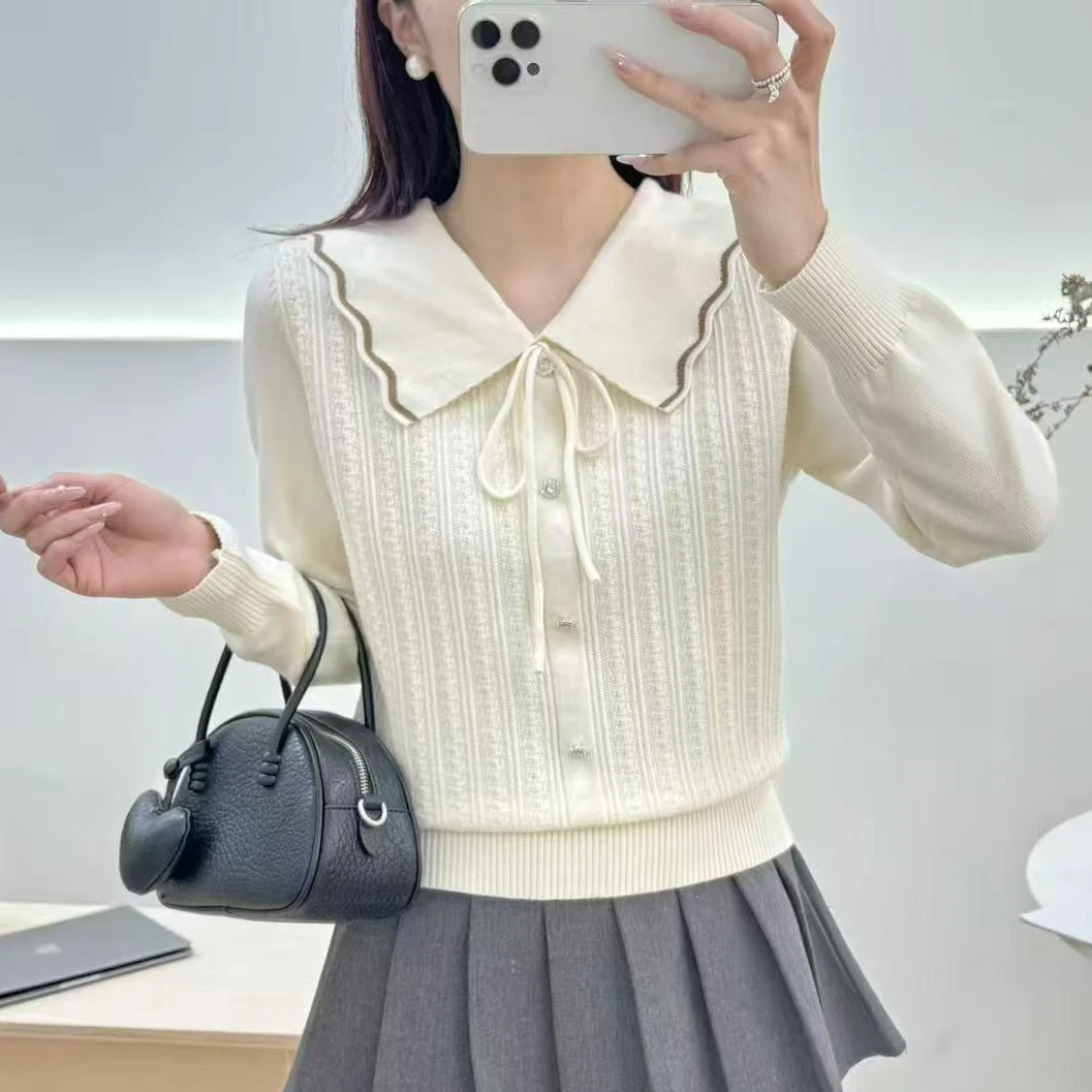 小香风娃娃领长袖厚款女秋季冬季拼色毛针织衫宽松翻领上衣