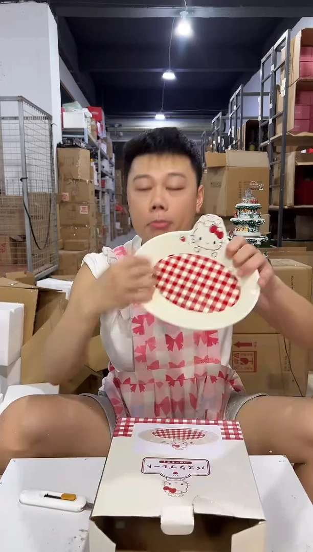 瓷片原盒kt猫红格子餐盘