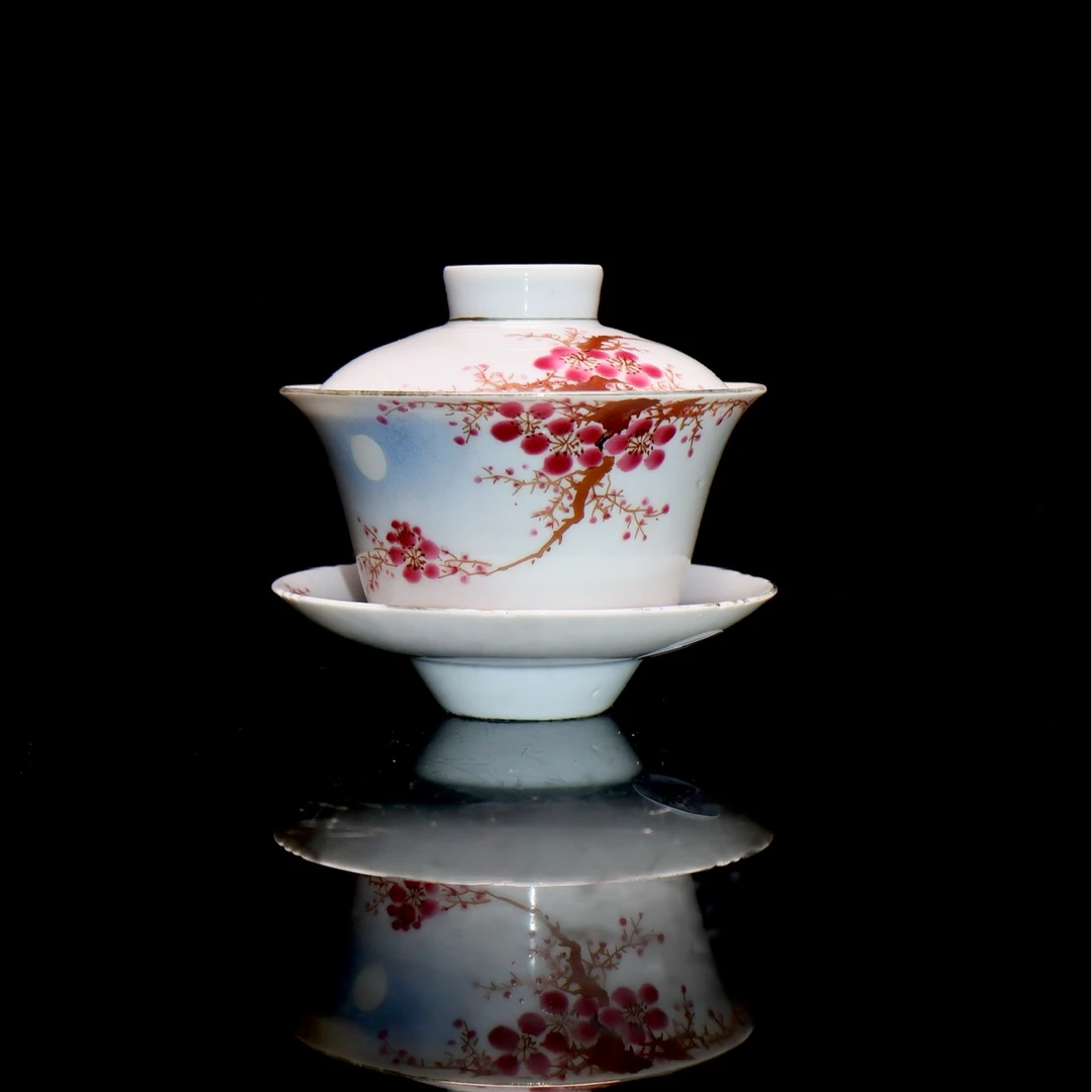 68: 民国胭脂红月影梅三才盖碗