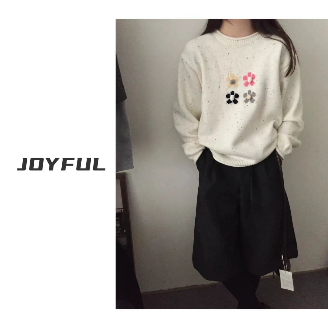 LELE-【四朵小花】秋冬新款点子纱立体花朵卷边毛衣宽松套头