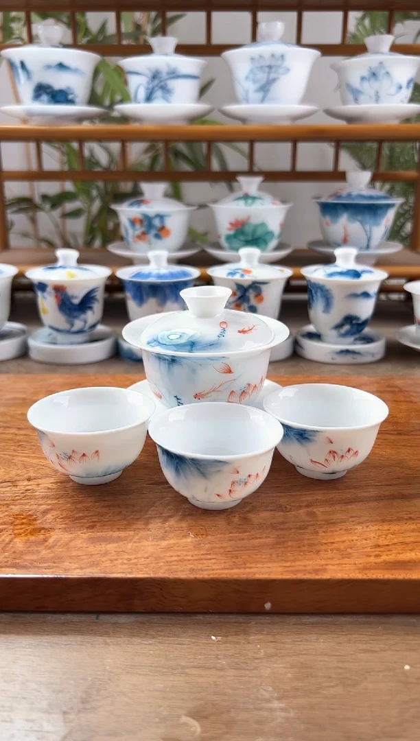 全品羊脂玉瓷蓝莲130ml三才+小和顺杯3个