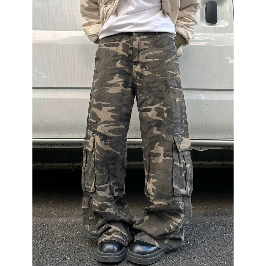 美式复古多口袋工装迷彩裤男女垂感拖地宽松显瘦直筒休闲裤潮 04