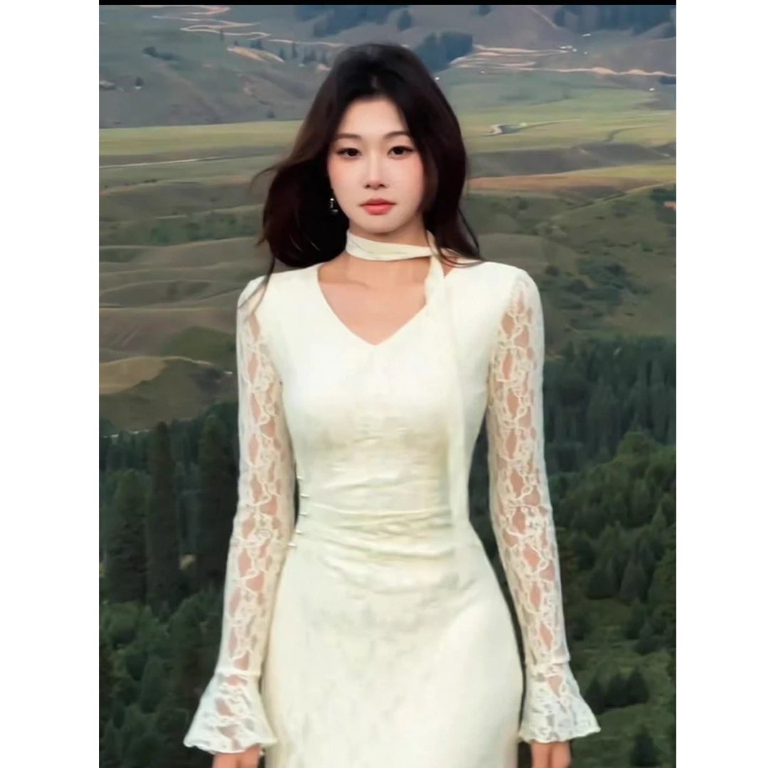 巨好看大方得体绝美裙子秋季漂亮冷淡系杏色蕾丝拼接连衣裙3366#