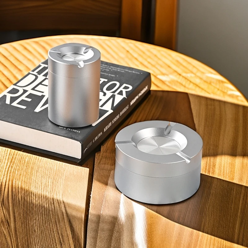 铝合金开合烟灰缸家用办公桌面款高颜值防摔耐高温银色车载烟灰缸