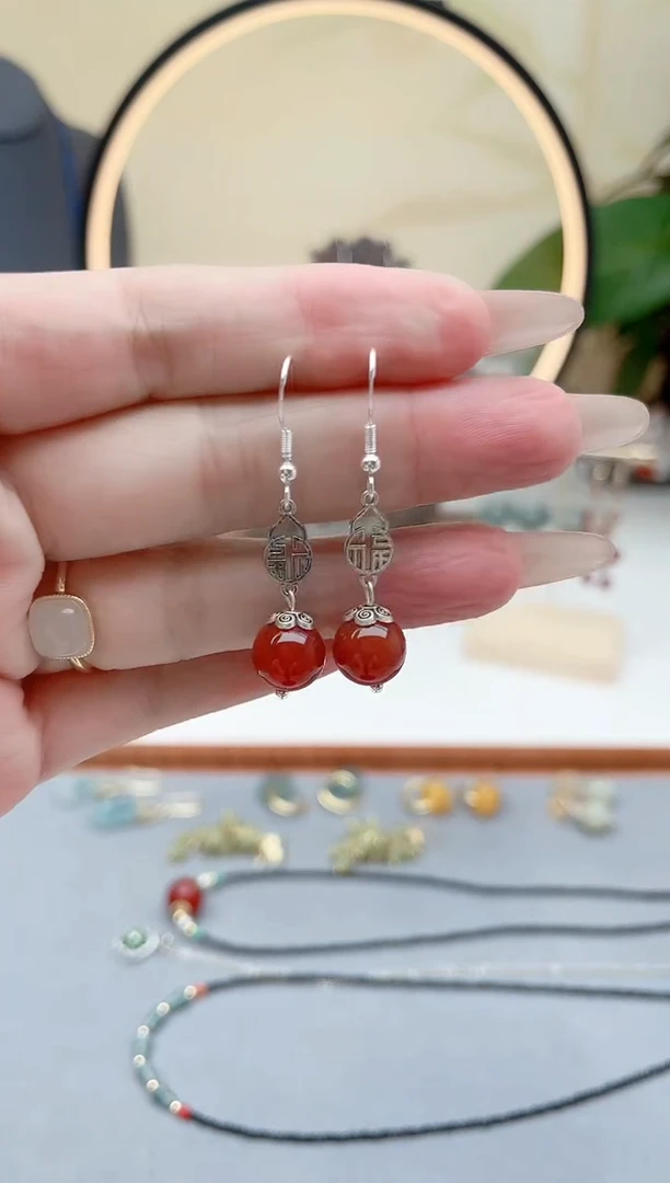 玛瑙/玉髓耳饰银S925镶嵌350