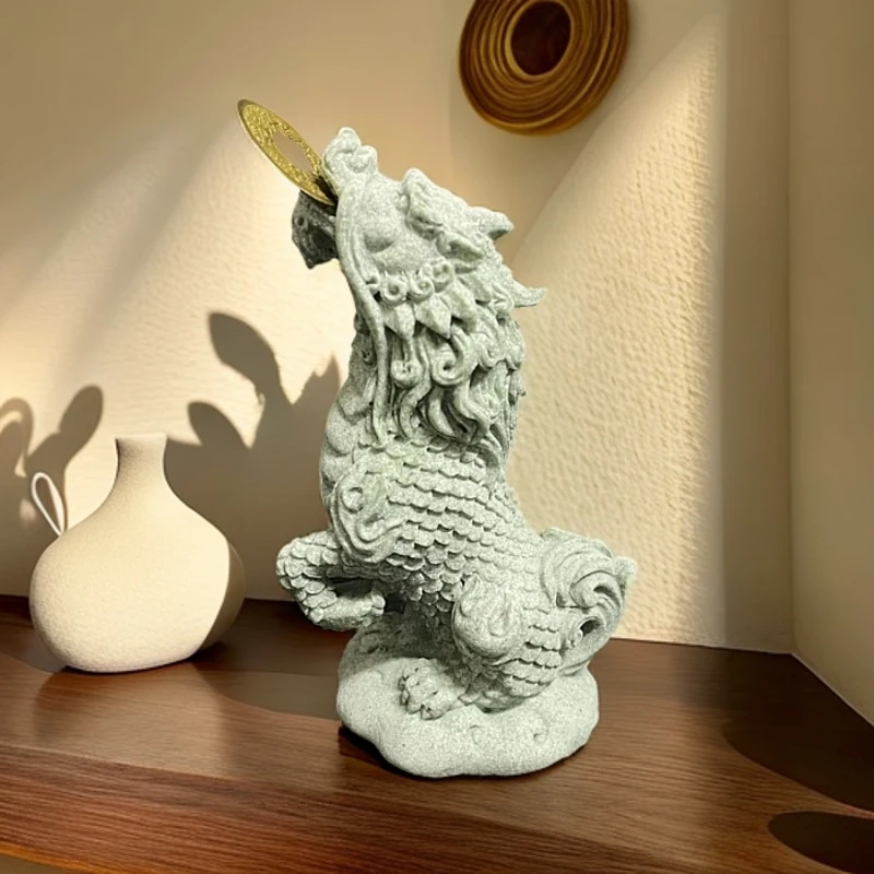 青砂石吞金兽望天吼造景摆件鱼缸装饰茶宠高档貔貅麒麟创意新中式