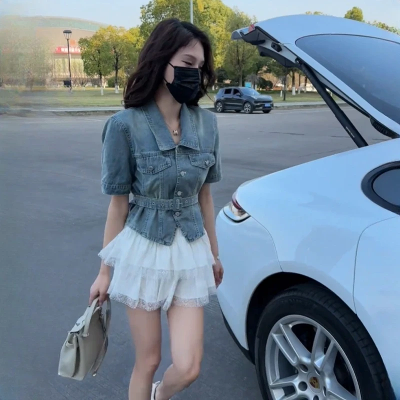 韩版短款收腰牛仔衬衫外套女5夏季新款设计感修身显瘦短袖上衣