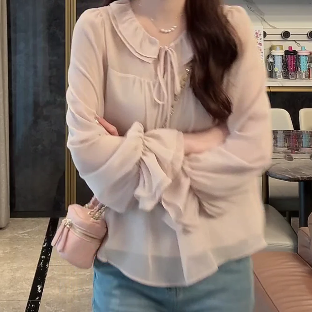 2025新款显瘦百搭上衣尤加利~夏季荷叶领系带小衫上衣长袖百搭