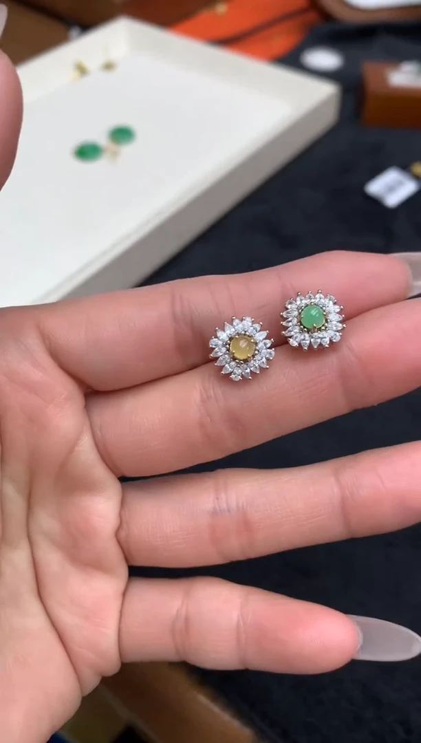 【闪购商品】翡翠耳饰银S925镶嵌耳钉ab款