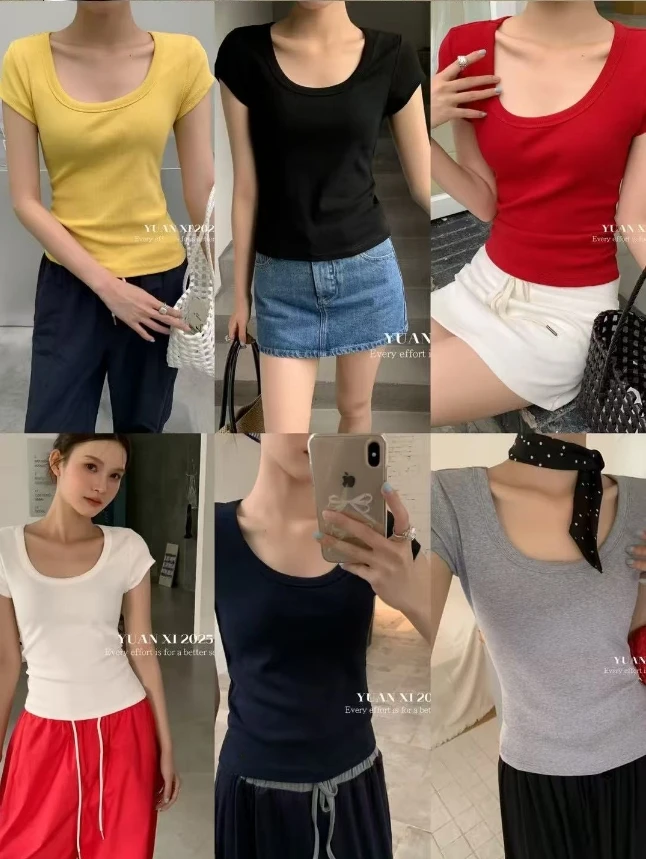 温柔瑶-元熙#韩系简约百搭方领短袖#3067