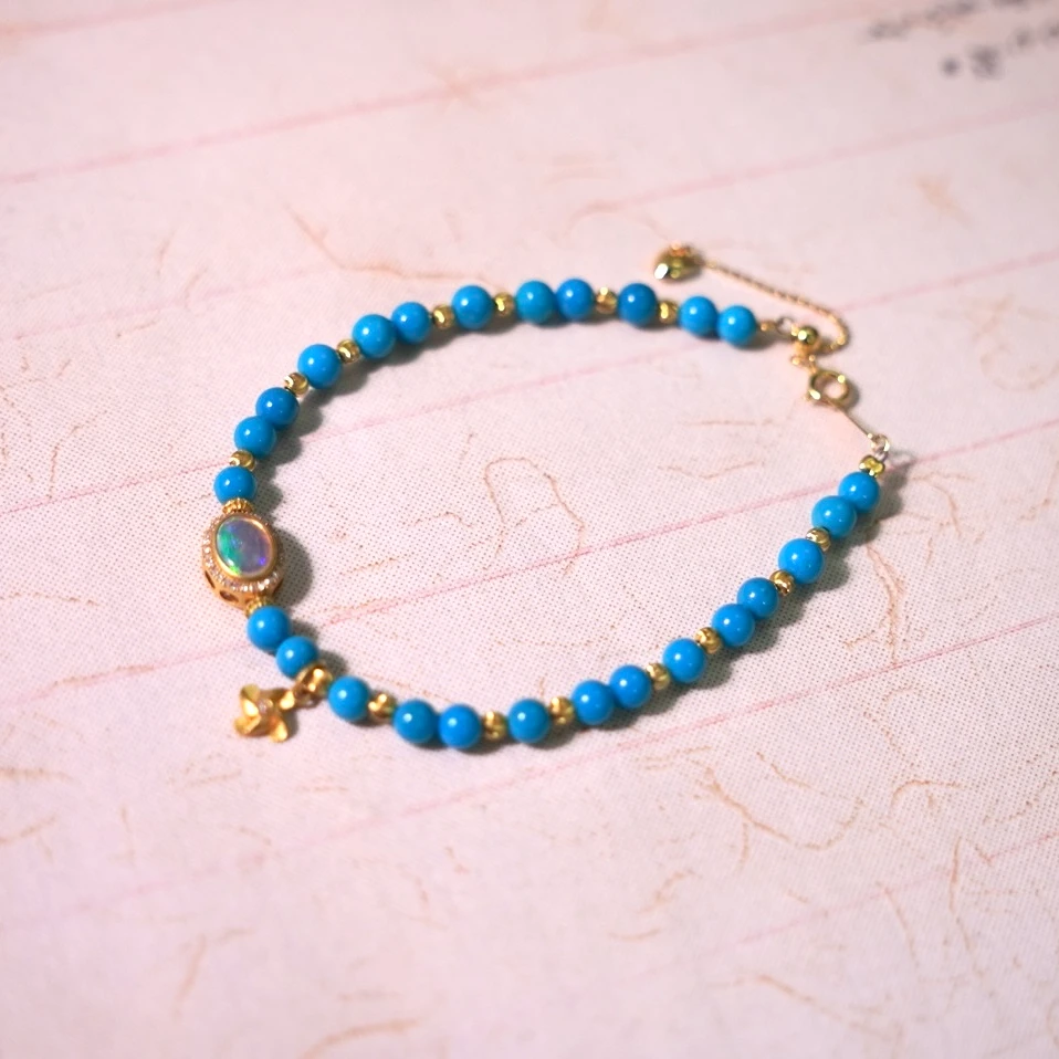 欧泊|绿松石手链美松暴力蓝18k金镶嵌欧泊蛋面可调节长度