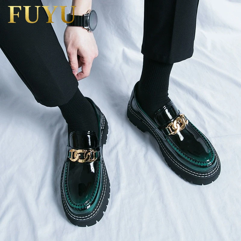 高级感英伦风皮鞋男士秋冬内增高厚底男鞋潮流亮面一脚蹬休闲鞋