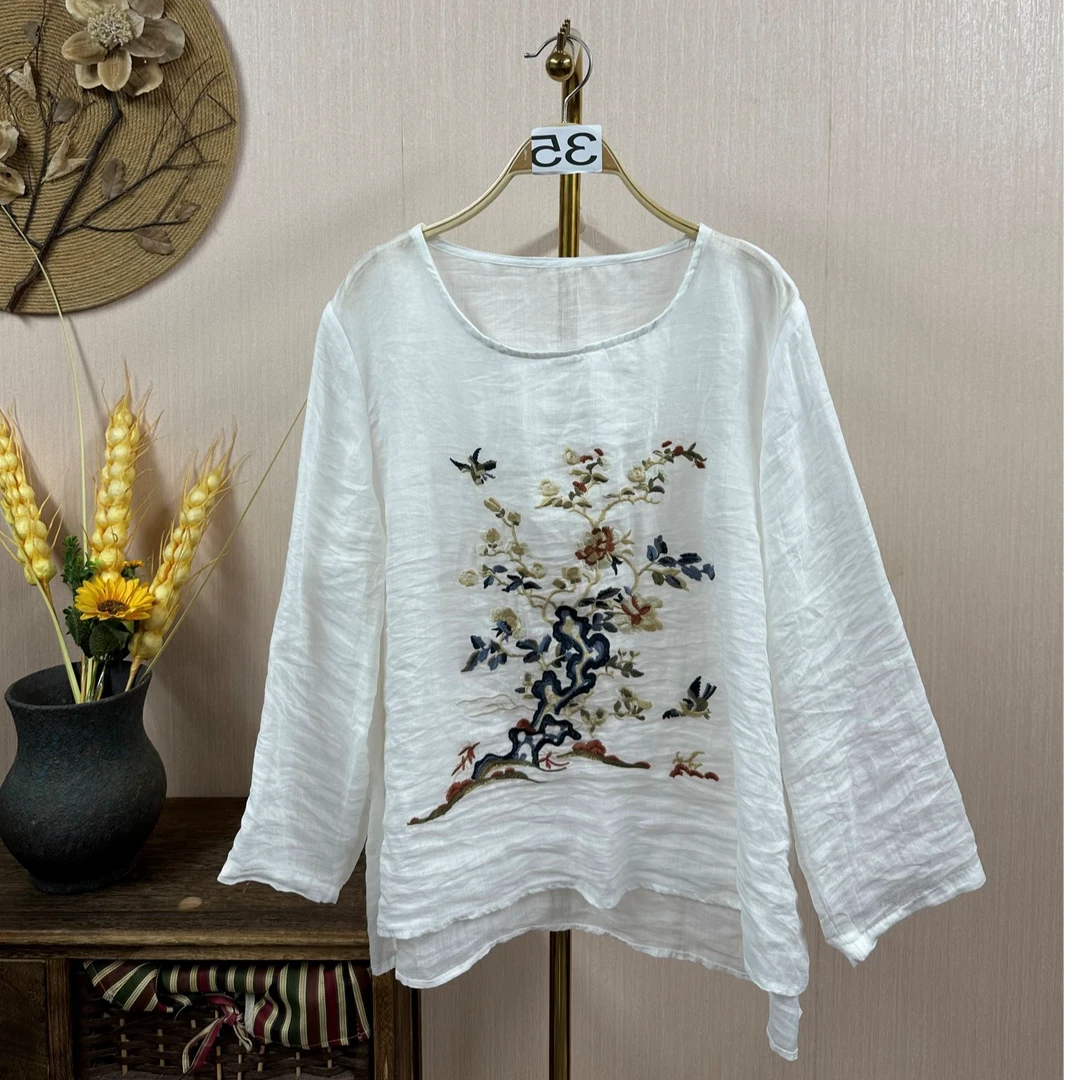 00127  发财树刺绣百分百苎麻小衫时尚百搭