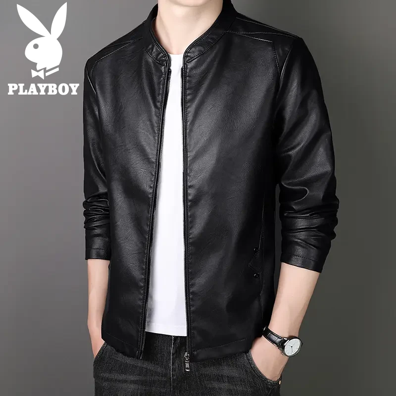 花花公子男士春秋季皮衣夹克薄款韩版帅气秋冬加绒时尚修身外套