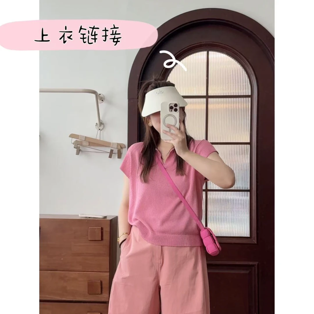 晶咕佳佳【树莓冰沙】小翻领合身冰麻上衣短袖时尚百搭彩色薄款夏季