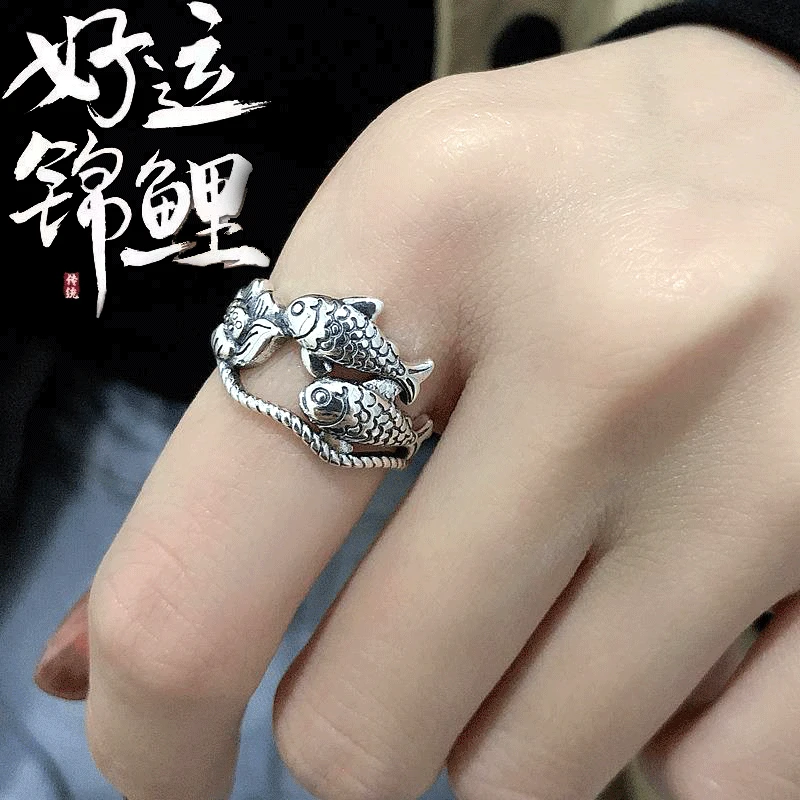 合金戒指 招财鲤鱼戒指女个性 食指简约文艺时尚复古开口指