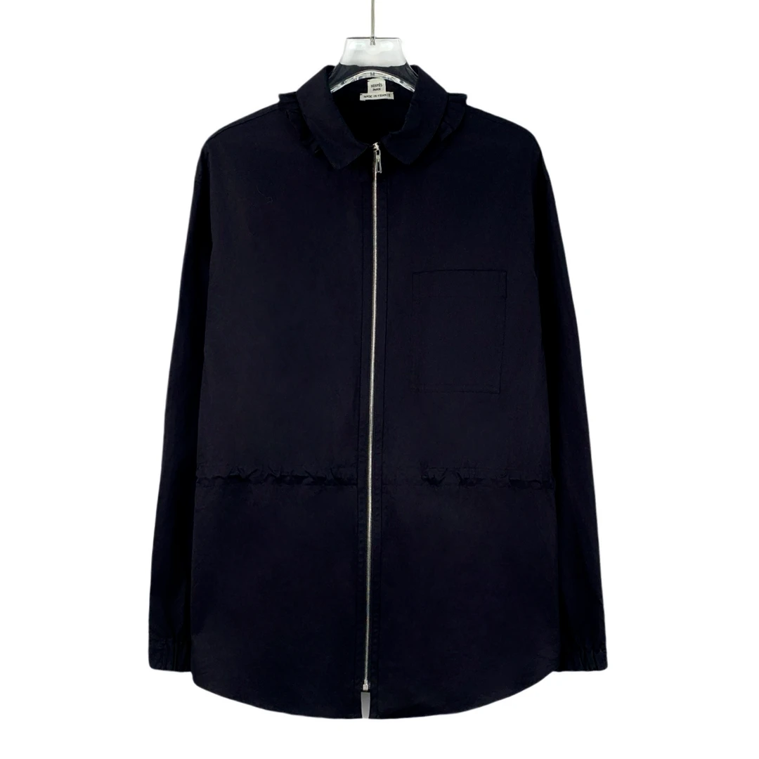 99新 Hermes/爱马仕 FW0009 黑色翻领花边棉质衬衫外套 34 XXS码