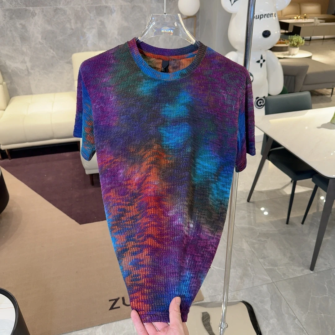 秋冬新款撞色扎染不规则涂鸦2025潮流设计T恤针织肌理感圆领短袖