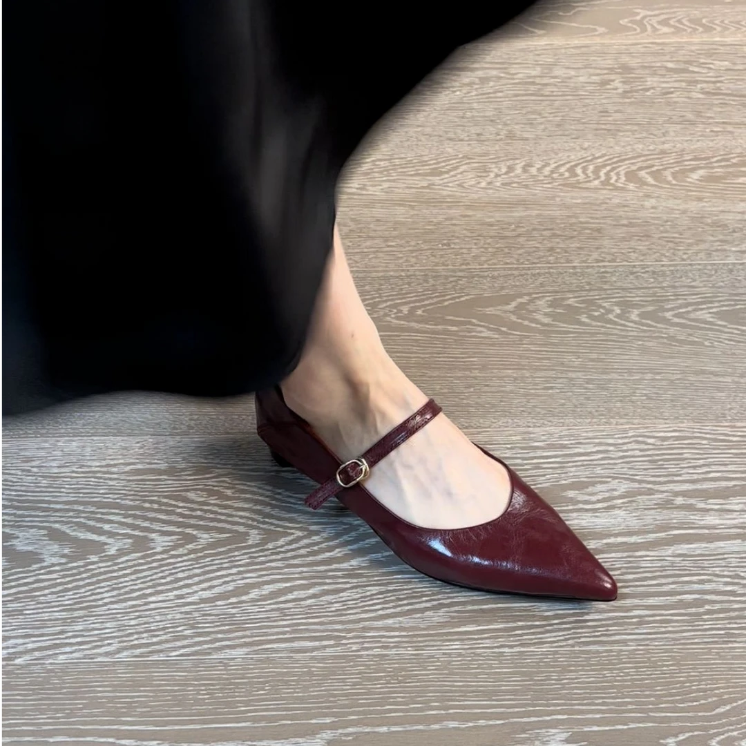 2.5CM头层羊皮尖头粗跟气质法式单鞋平底浅口妈妈鞋复古时尚女鞋