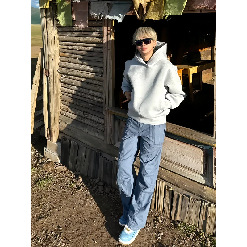 花灰色加绒连帽卫衣男款秋冬季美式重磅boxy套头衫cleanfit打底衫