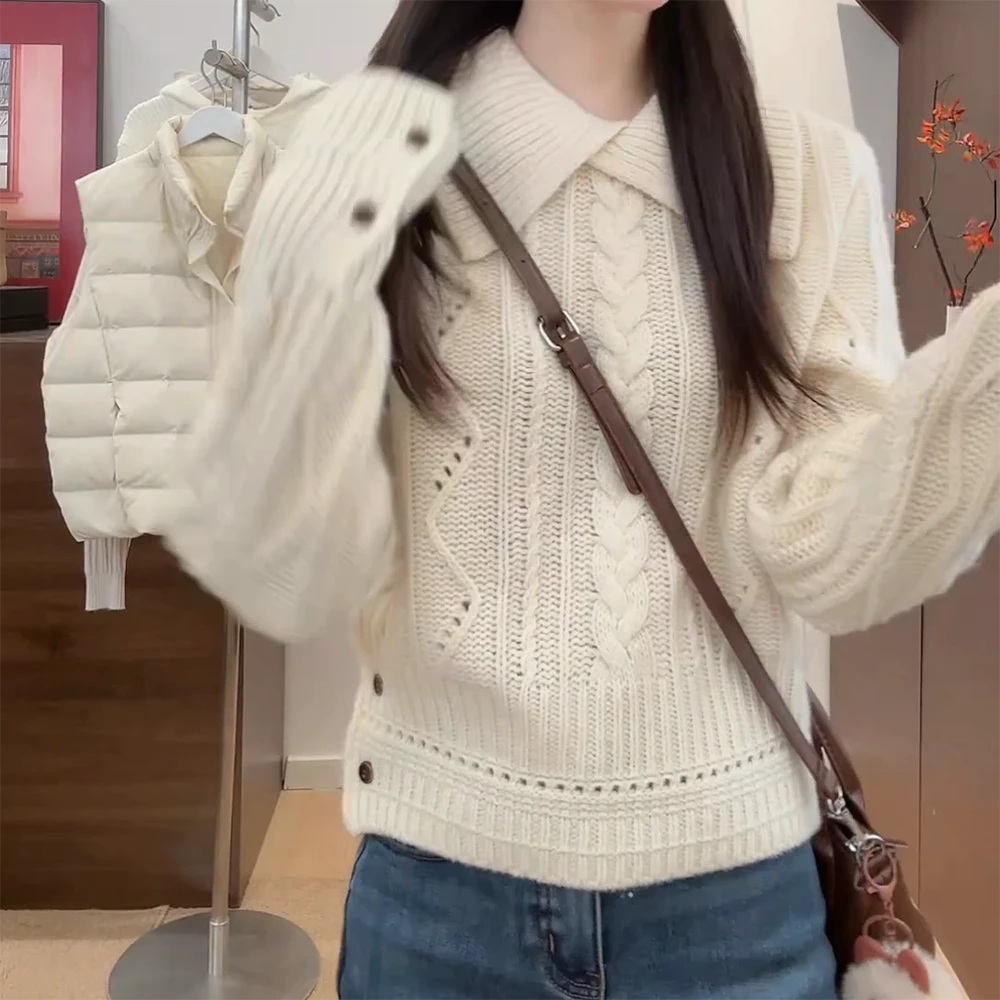 慵懒风圆领针织毛针织衫设计师翻领长袖冬季时尚百搭W1154