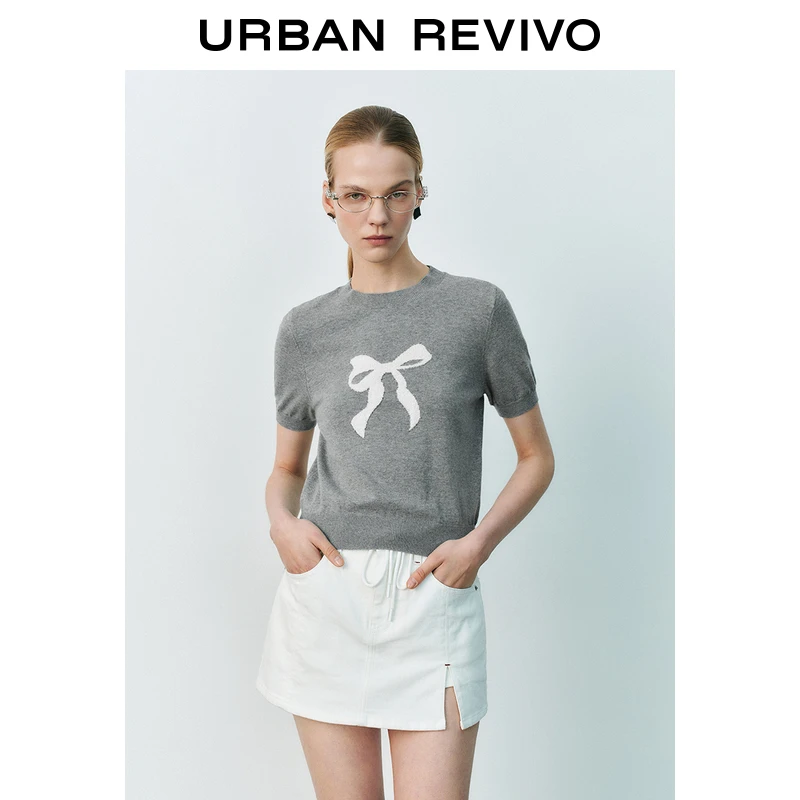 UR2025春季新款女装简约撞色蝴蝶结短袖针织衫UYY950046