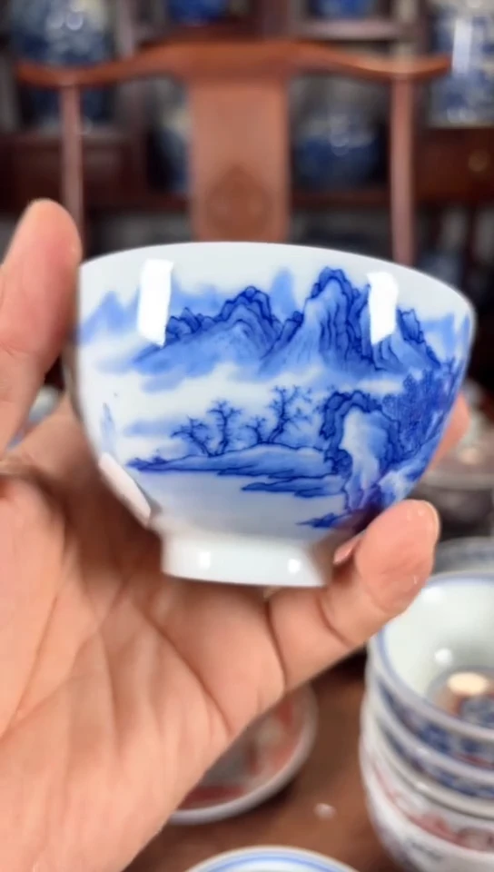 柴窑青花玉泥山水杯鸡心杯