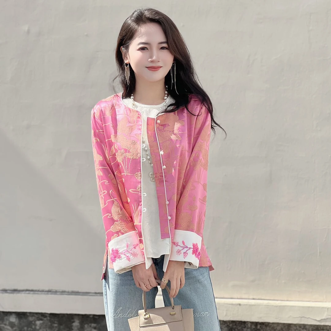 自留桃花粉真丝冠乐皱外套手工钉珠新中式气质上衣