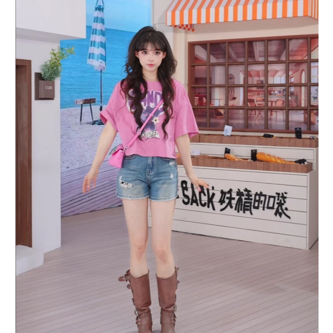 妖精的口袋原创印花设计短款宽松复古短袖t恤女2025春新款小个子