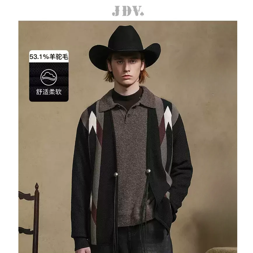 J.D.V商场同款春季黑色羊驼毛撞色V领针织开衫外套WYN4234