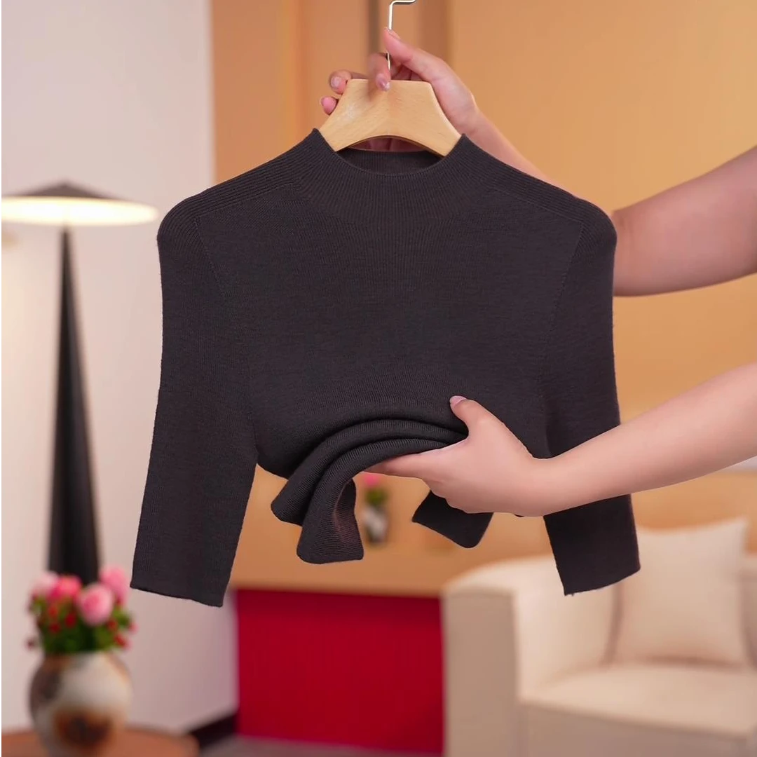 秋冬新款短袖可机洗【100%精纺全羊毛】女纯色针织百搭修身显瘦01