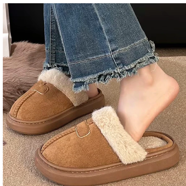 棉拖鞋女韩版炸街外穿棉鞋加厚防滑加绒皮毛一体包头棉拖时尚情侣