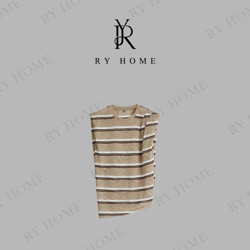 【容雨RYHOME】莱赛尔＋棉斜边条纹撞色无袖套头毛织衫252M2939