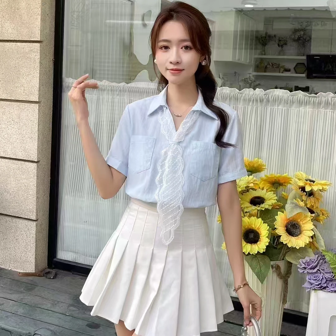 2025春季显瘦轻熟风上衣新款高级感气质蕾丝飘带POLO领短袖衬衫女